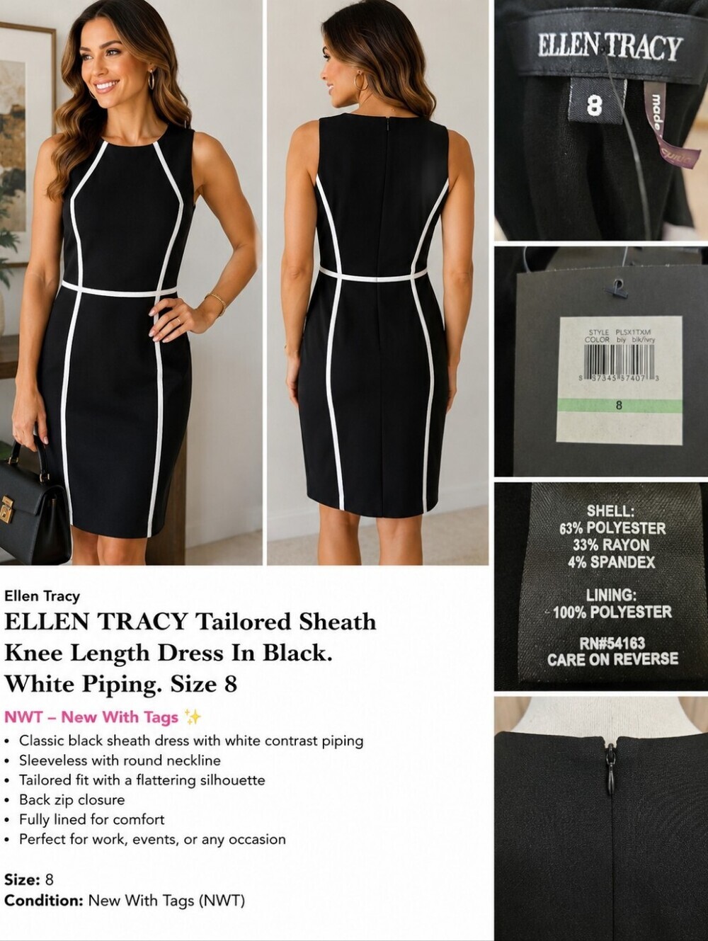 Ellen Tracy Black & White Piped Sheath Dress NWT Size 8 - Picture 13 of 15